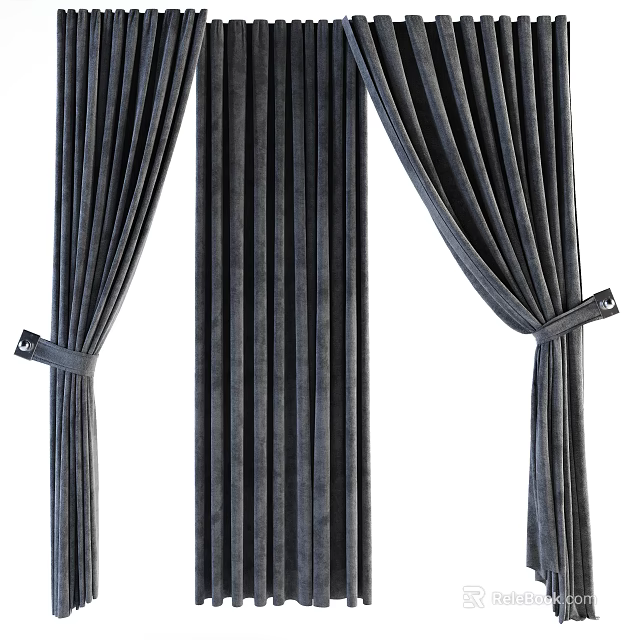 Soft Gray Velvet Curtains With Elegant Draped Design And Decorative Tiebacks 3d model 