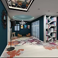 Hotel Corridor With Dark Blue Walls Yellow Door And Colorful Floral Patterned Floor