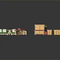 Pixel Art Furniture Set With Green Benches Red Tables Wooden Cabinets And Potted Plant