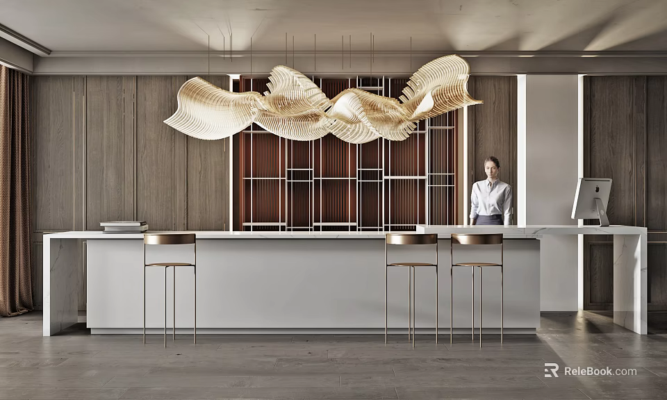 Elegant Bar Interior With White Counter Wooden Wall Pendant Lights And Bar Stools 3d model 
