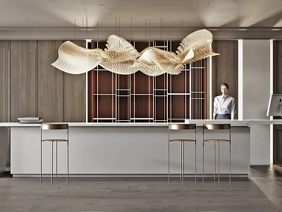 Elegant Bar Interior With White Counter Wooden Wall Pendant Lights And Bar Stools 3d model