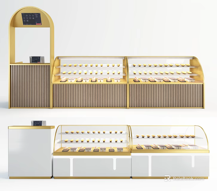 Modern Retail Display Shelves With Glass Showcase And Gold White Multilayer Design For Stores 3d model 