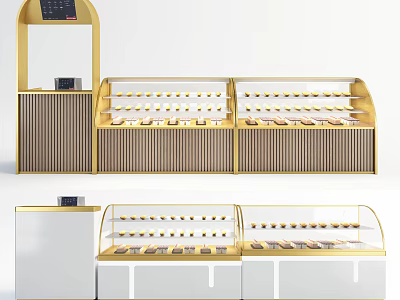 Modern Retail Display Shelves With Glass Showcase And Gold White Multilayer Design For Stores 3d model