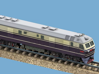 Stylish Purple And White Diesel Train On Railway Tracks With Windows And Roof Equipment 3d model
