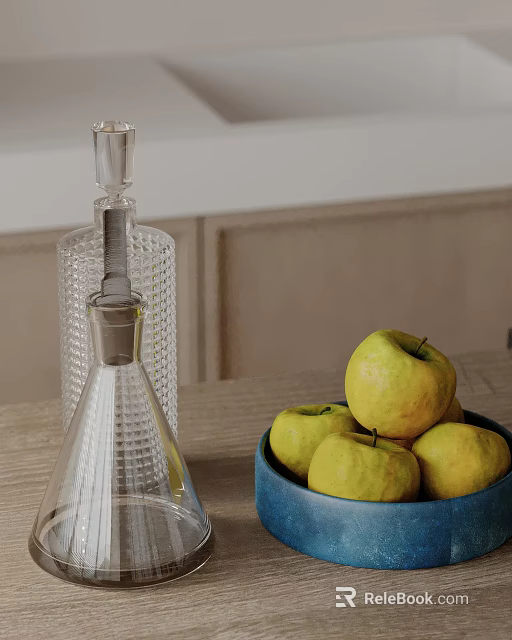 Kitchen Wooden Tabletop With Transparent Glass Decanter And Bowl Of Yellow Apples 3d model 