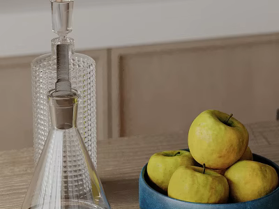 Kitchen Wooden Tabletop With Transparent Glass Decanter And Bowl Of Yellow Apples 3d model