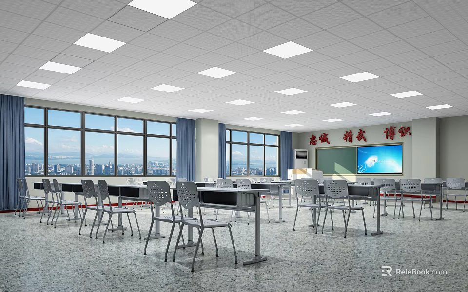 School Classroom Interior With Desks Chairs Large Windows And Educational Mottos 3d model