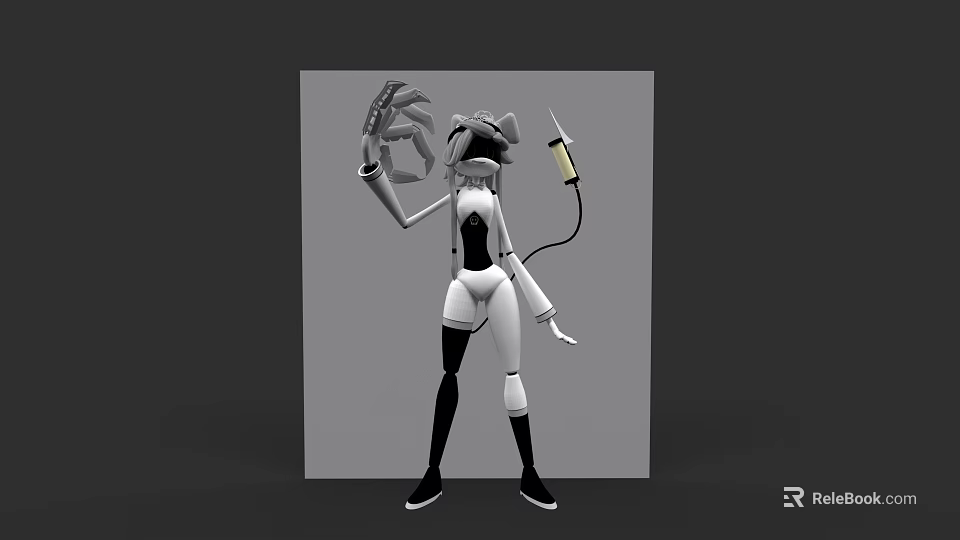Mechanical Character 3D Model With Black White Outfit Claw Hand Head Device And Cable 3d model 