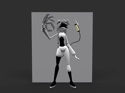 Mechanical Character 3D Model With Black White Outfit Claw Hand Head Device And Cable 3d model