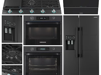 Samsung Black Modern Kitchen Appliances With Gas Stove Range Hood Oven And Refrigerator 3d model