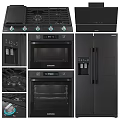 Samsung Black Modern Kitchen Appliances With Gas Stove Range Hood Oven And Refrigerator