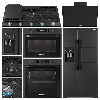 Samsung Black Modern Kitchen Appliances With Gas Stove Range Hood Oven And Refrigerator 3d model
