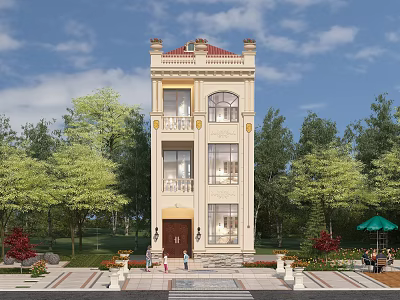 Three Story Beige Detached Villa With Red Roof European Style Surrounded By Green Trees 3d model