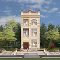 Three Story Beige Detached Villa With Red Roof European Style Surrounded By Green Trees