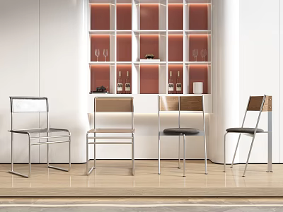 Stylish Leisure Chairs With Various Designs Against Red White Grid Shelves And Wooden Floor 3d model