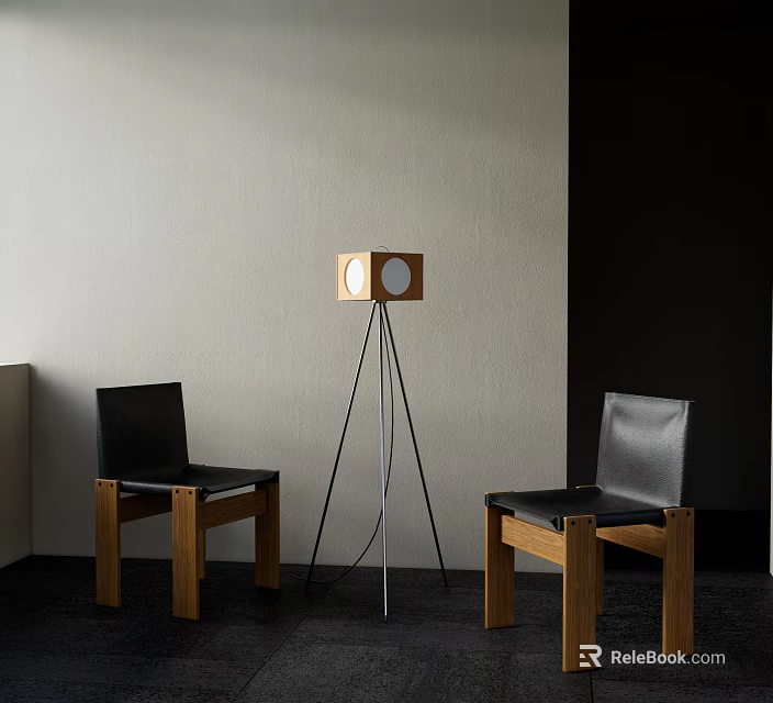 Black Leather Leisure Chairs With Wooden Frames And Tripod Floor Lamp In Indoor Space 3d model 