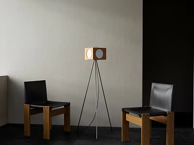 Black Leather Leisure Chairs With Wooden Frames And Tripod Floor Lamp In Indoor Space 3d model