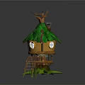 European Architecture Treehouse with Green Thatched Roof Round Window and Wooden Ladder Supports