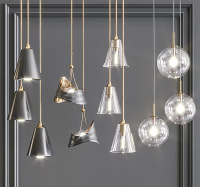 Modern Pendant Lights Design With Conical Glass And Spherical Metal Shades 3d model