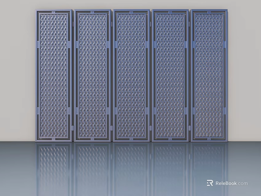 Five Dark Metal Doors With Diamond Grid Pattern Neatly Arranged On Reflective Floor 3d model 