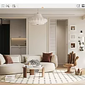 Modern Open Concept Living And Dining Room With Beige Sofa Coffee Table Area Rug And Chandelier