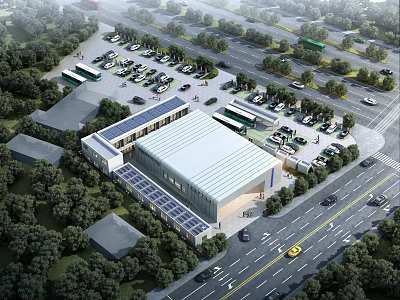 Modern Industrial Factory Facility With Solar Panels Parking Lot And Green Surroundings 3d model