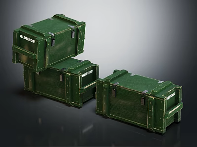 Three Green Wooden Crates Stacked With Metal Latches And Ammunition Label 3d model