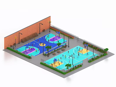 Outdoor Sports Fitness Area With Two Basketball Courts Blue Purple Surfaces Fences Streetlights And Benches 3d model