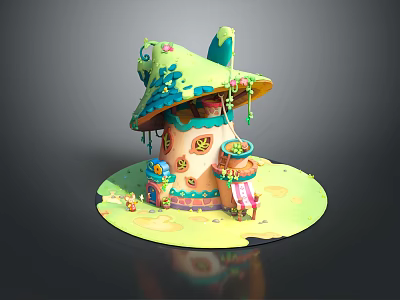 Cartoon Mushroom House With Green Roof Decorative Windows Colorful Door And Grass Base 3d model