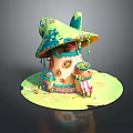 Cartoon Mushroom House With Green Roof Decorative Windows Colorful Door And Grass Base