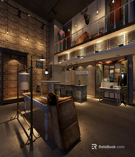 Vintage Industrial Clothing Store With Brick Wall Open Space Loft Pendant Lights And Display Racks 3d model 