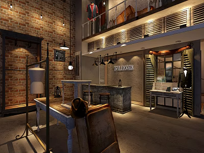 Vintage Industrial Clothing Store With Brick Wall Open Space Loft Pendant Lights And Display Racks 3d model