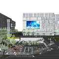 Modern Commercial Street With Multi Storey Glass Facade Buildings And Pedestrians On Walking Path