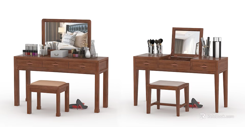 Bedroom Wooden Dressing Table With Mirror Drawers Stool And Cosmetics 3d model