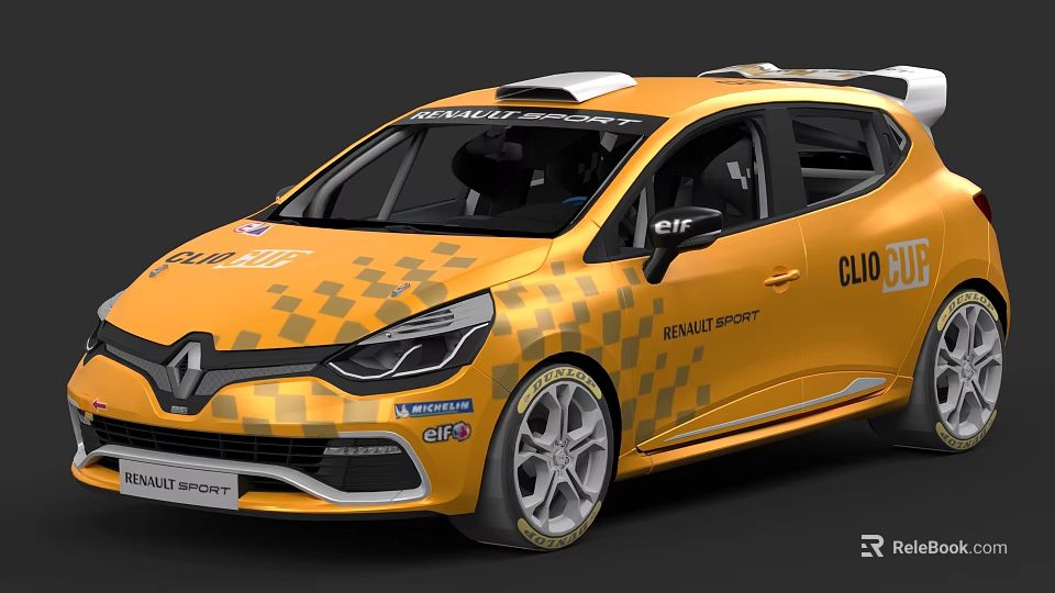 Yellow Renault Clio Cup Sport Racing Car With Checkered Pattern Design 3d model 