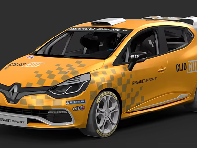 Yellow Renault Clio Cup Sport Racing Car With Checkered Pattern Design 3d model
