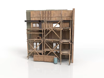 Wooden Multi Level Building Model With Shelves Windows And Blue Barrel 3d model