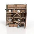 Wooden Multi Level Building Model With Shelves Windows And Blue Barrel