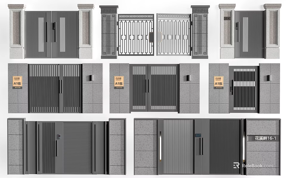Modern Entrance Gates With Various Designs Including Double Door Grille Patterns And Sleek Gray Finish 3d model 