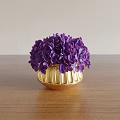 Elegant Decorative Ornament Set With Purple Hydrangea Flowers In Golden Vase On Wooden Tabletop