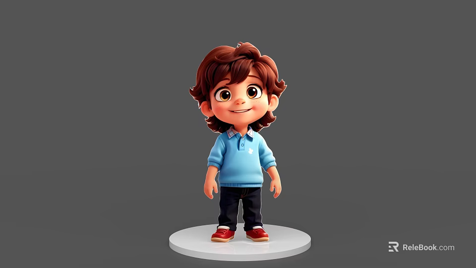 3D Animated Boy Character With Brown Curly Hair Blue Shirt Black Pants Red Shoes 3d model 