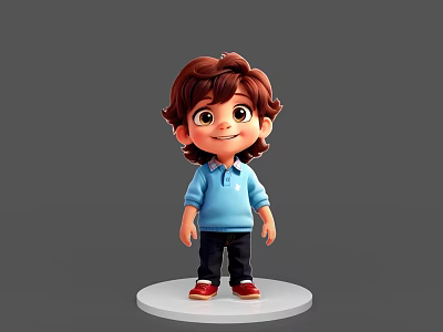 3D Animated Boy Character With Brown Curly Hair Blue Shirt Black Pants Red Shoes 3d model