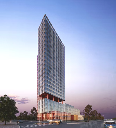 Modern Tall Office Building With Glass Facade Set Against Evening Sky And Green Trees 3d model