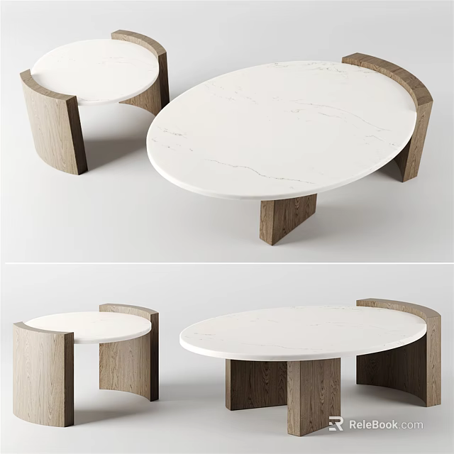 Modern Round Coffee Table With Marble Top And Wooden Legs Nested Design 3d model 