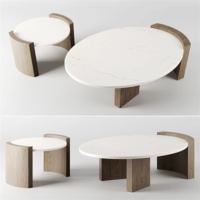 Modern Round Coffee Table With Marble Top And Wooden Legs Nested Design 3d model