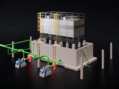 Industrial Equipment System Featuring Cooling Tower Pipes Pumps And Support Frames 3d model