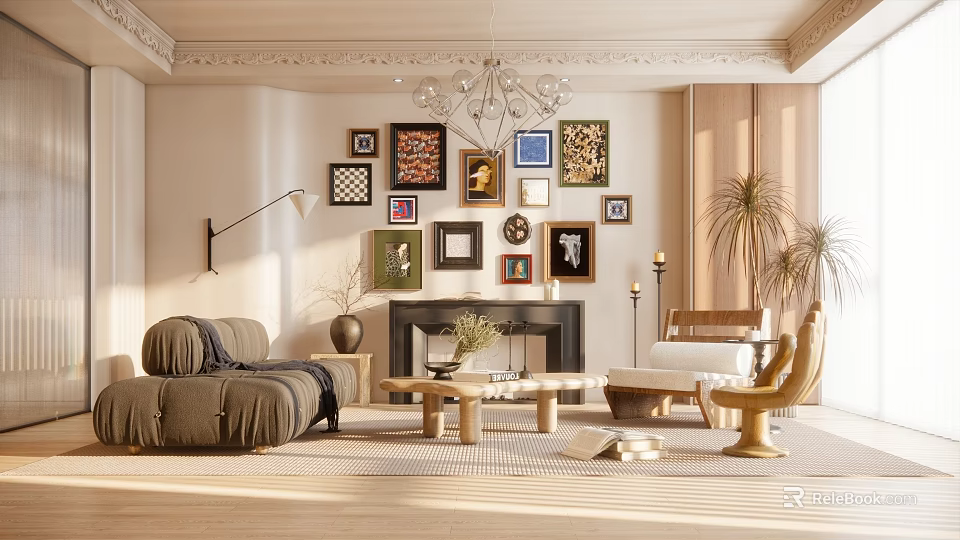 Modern Living Room Interior With Photo Wall Fireplace Chandelier Sofa And Armchair 3d model 