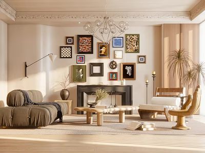 Modern Living Room Interior With Photo Wall Fireplace Chandelier Sofa And Armchair 3d model