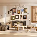 Modern Living Room Interior With Photo Wall Fireplace Chandelier Sofa And Armchair