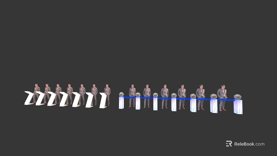 Commercial Equipment Display With People In Suits Lined Up By White Units And Blue Barriers 3d model 